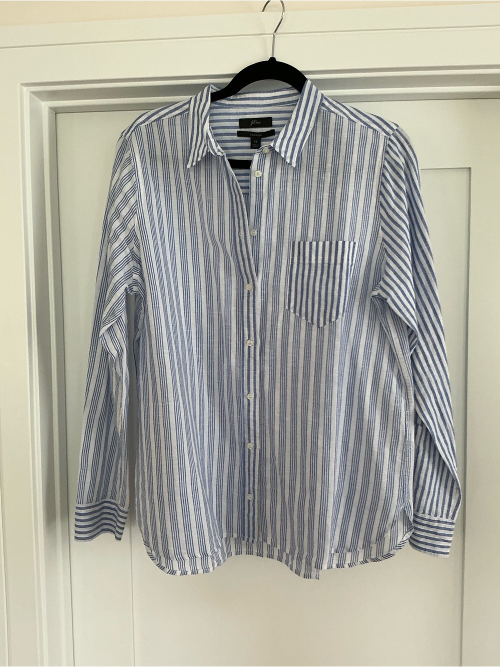 NWT J. Crew Blue and White Striped Linen Button-Up Shirt Size 14.